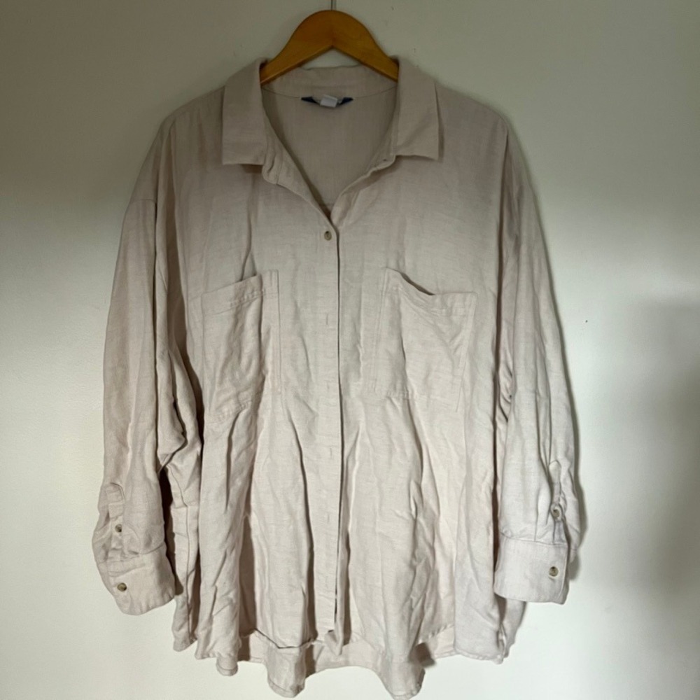 Old Navy The Boyfriend Shirt Tan 4X Excellent Oversized Linen-Look Cotton Blend